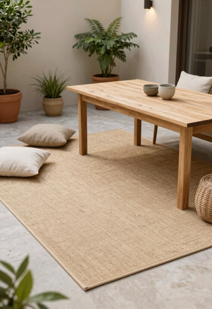 9 Calm Neutral Patio Decor Ideas for a Minimalist Look 6. Simple Outdoor Rugs 0