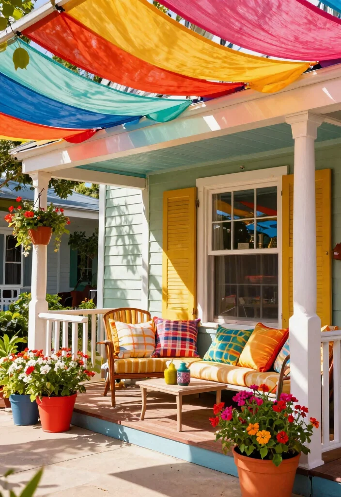 9 Classic Front Porch Awning Ideas for Summer Comfort 9. Colorful Fabric Awnings 0