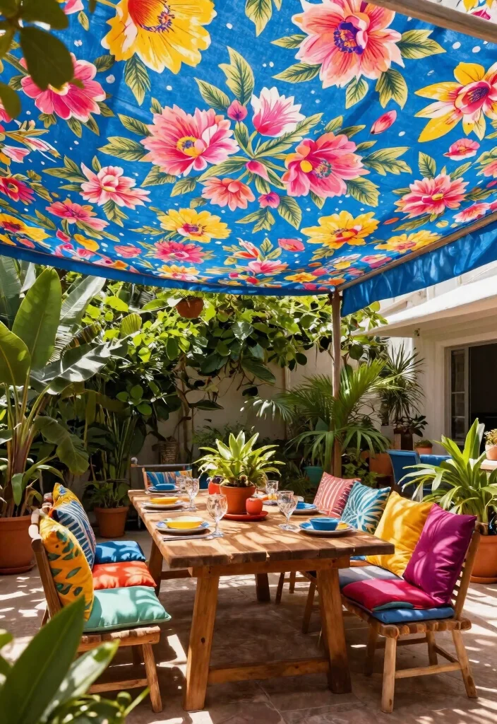 9 Stylish Fabric Awning Ideas Patio Lovers Obsess Over 1. Brightly Patterned Canopies for a Fun Vibe 0
