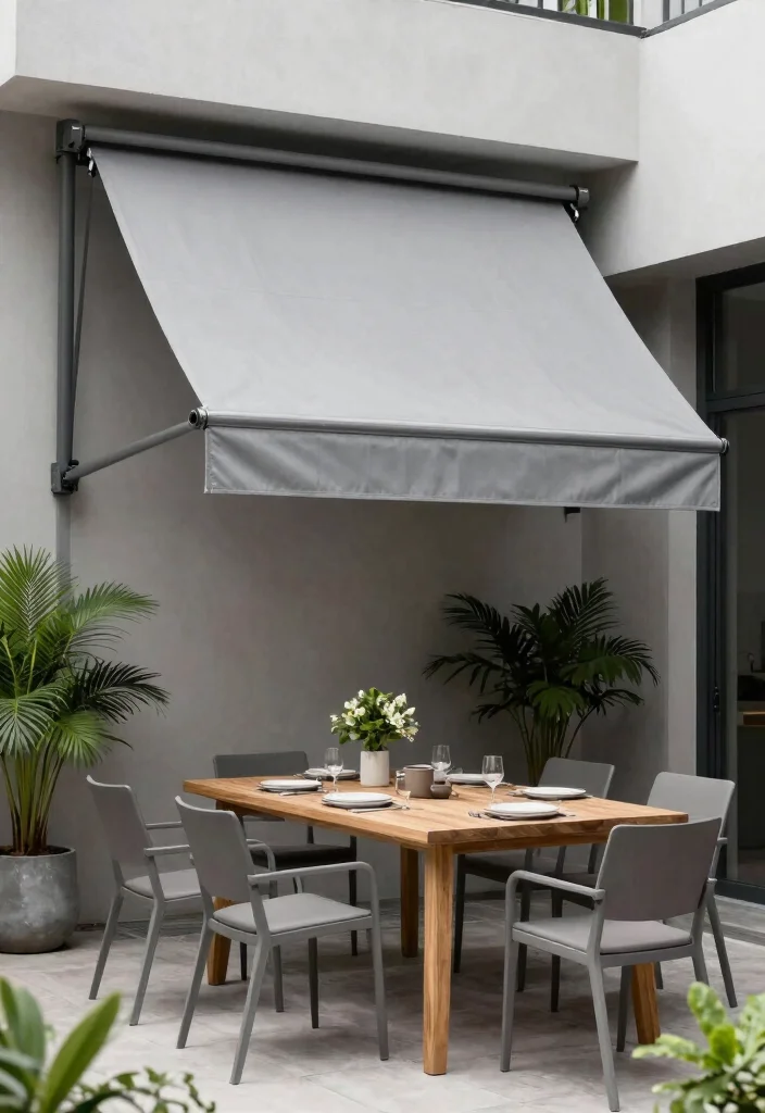 9 Stylish Fabric Awning Ideas Patio Lovers Obsess Over 2. Minimalist Monochrome Awnings for Modern Elegance 0