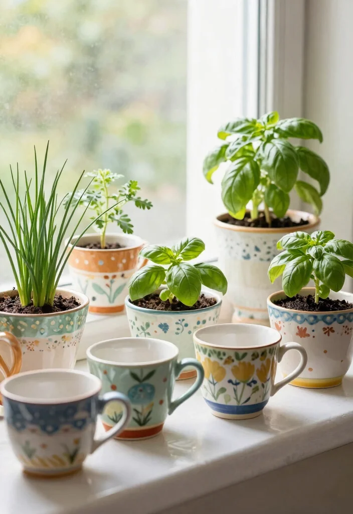 9 Useful Kitchen Window Box Ideas for Fresh Herb Growing 4. Repurposed Teacups and Mugs 0