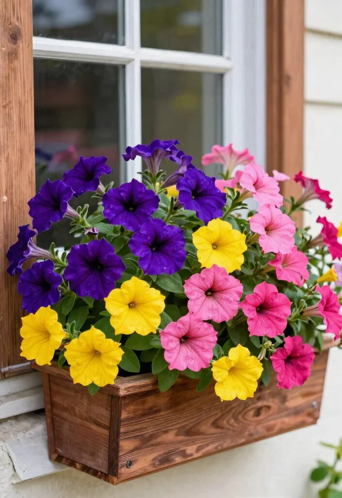 9 Vibrant Window Flower Box Ideas for Full Sun Exposure 1. Bold and Beautiful Petunia Parade 0