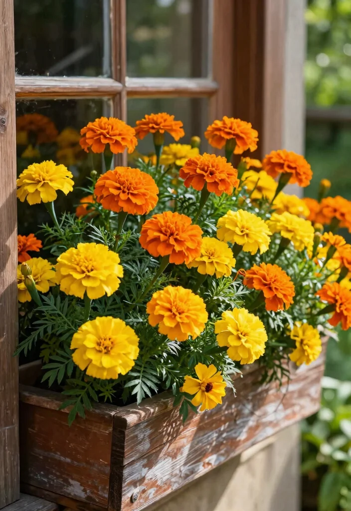 9 Vibrant Window Flower Box Ideas for Full Sun Exposure 3. Cheerful Marigold Mixer 0