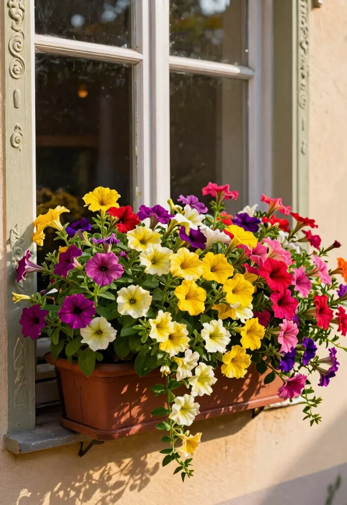 9 Vibrant Window Flower Box Ideas for Full Sun Exposure 4. Whimsical Wave Petunia Mix 0