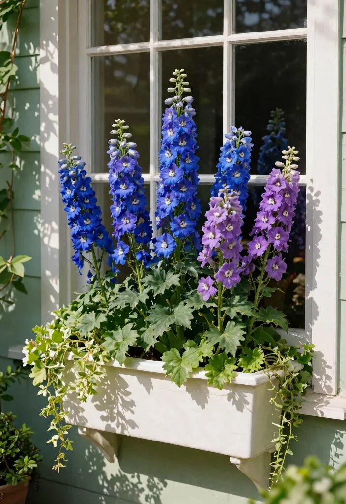 9 Vibrant Window Flower Box Ideas for Full Sun Exposure 5. Delightful Delphinium Display 0