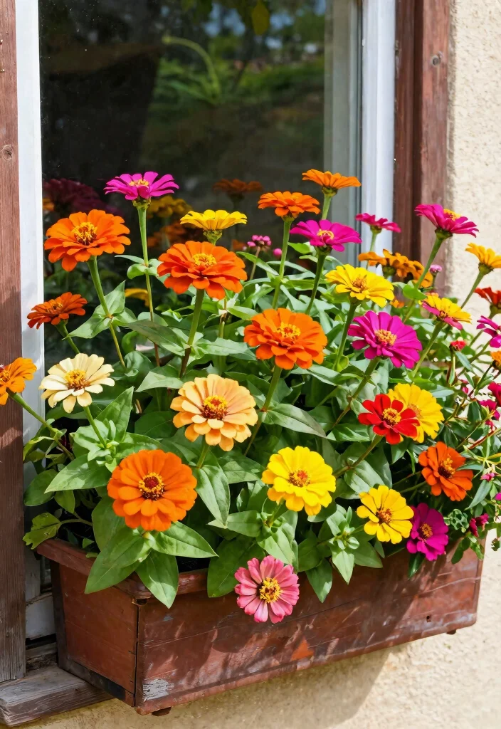 9 Vibrant Window Flower Box Ideas for Full Sun Exposure 7. Fiery Fiesta with Zinnias 0