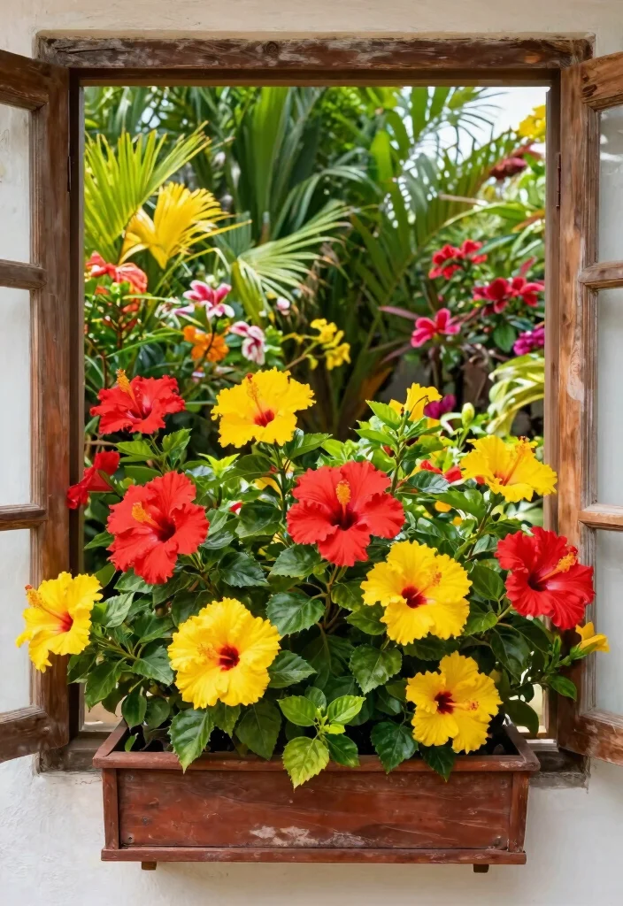 9 Vibrant Window Flower Box Ideas for Full Sun Exposure 8. Exotic Hibiscus Haven 0