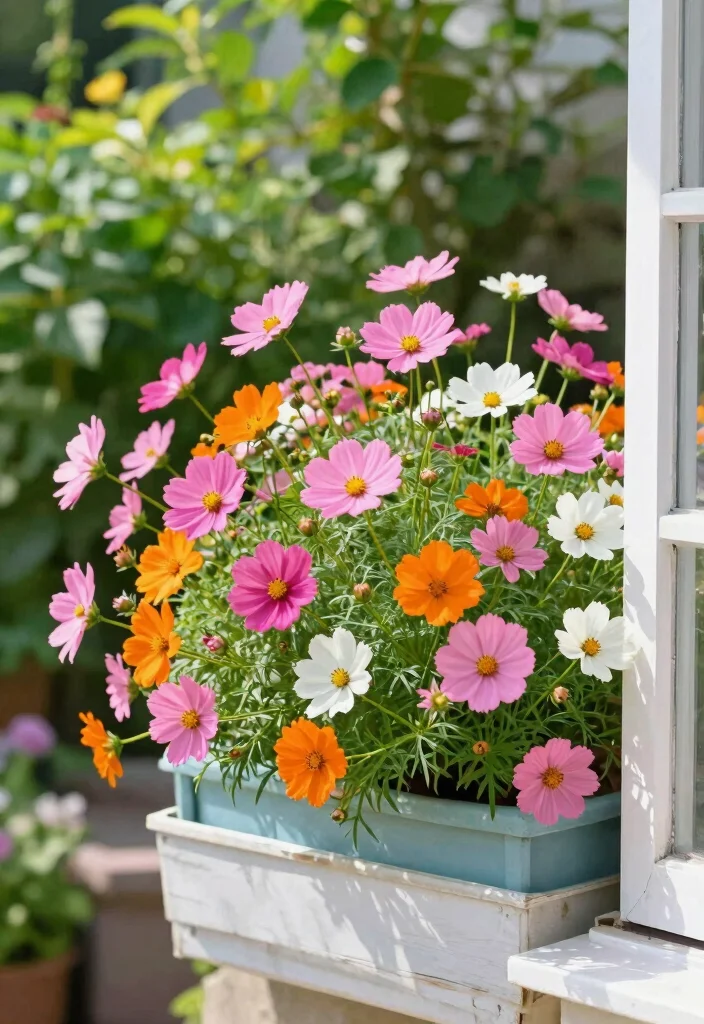 9 Vibrant Window Flower Box Ideas for Full Sun Exposure 9. Colorful Cosmos Collection 0
