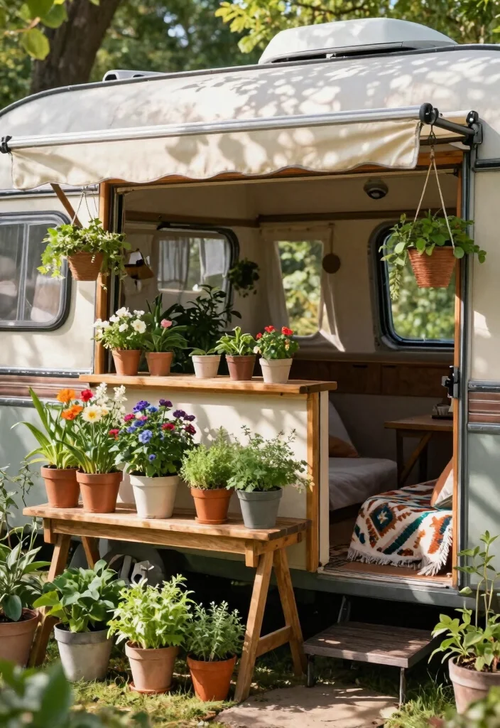 Cozy Caravan Awning Interior Ideas for Your Next Adventure 1. Indoor Outdoor Flow with Potted Plants 0