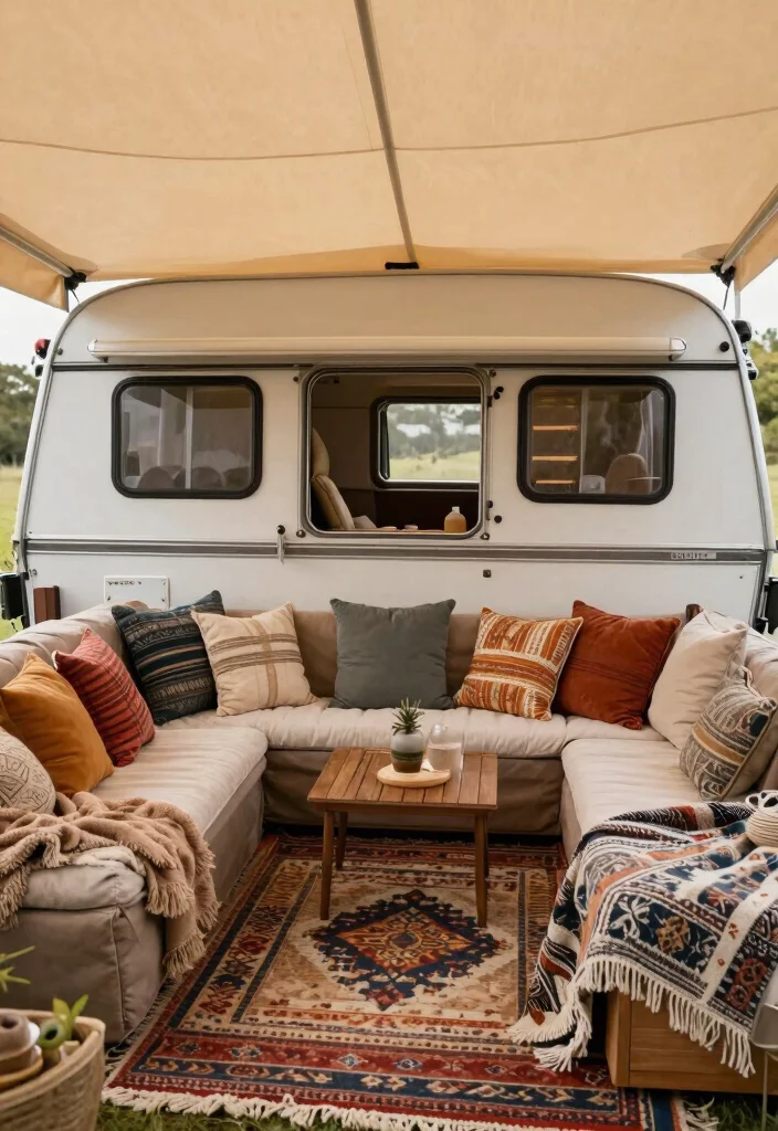 Cozy Caravan Awning Interior Ideas for Your Next Adventure 6. Cozy Textiles for Comfort 0