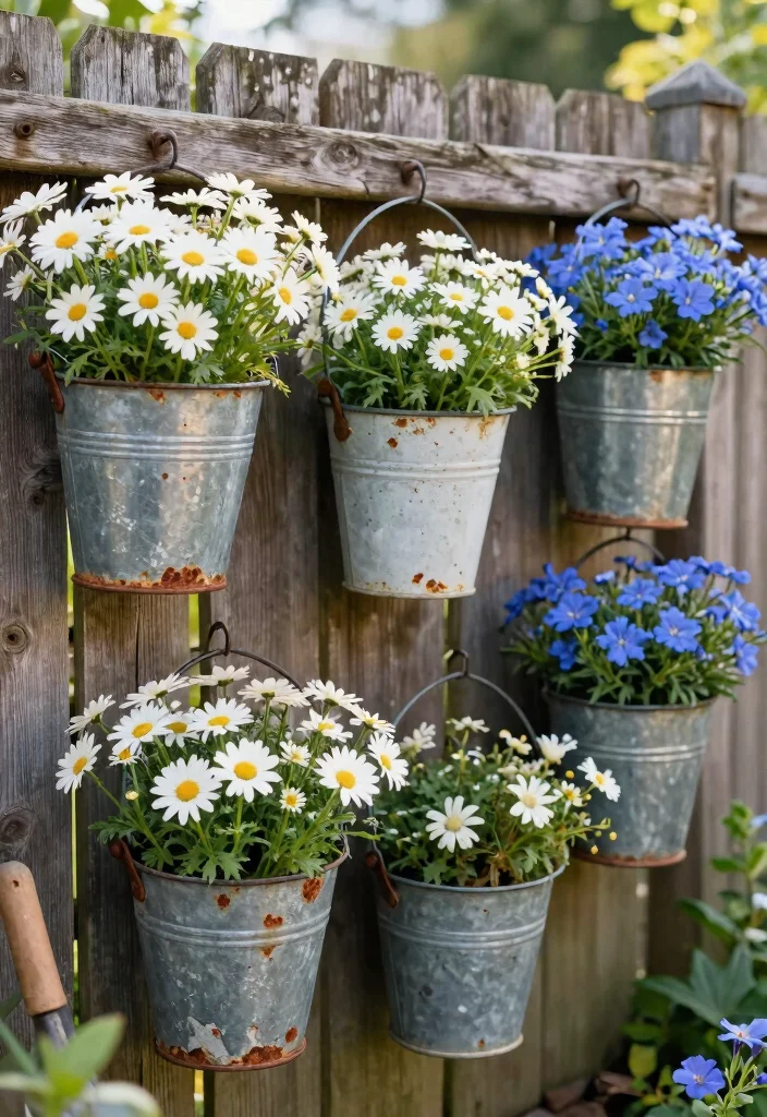 9 Rustic Vintage Window Box Ideas with Antique Flair 2. Antique Metal Buckets